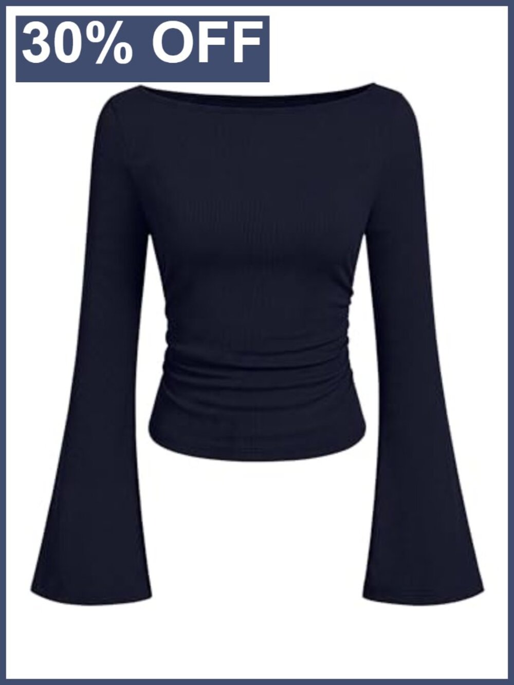 Women's Ribbed Knit Bell Sleeve Boat Neck Cropped Top Slim Fit